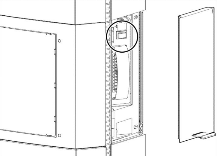 Het scherm toont de verwijderde behuizing en de aan/uit-knop.